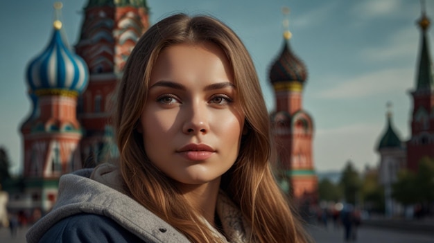 Photo a woman with a blue jacket and a blue jacket is standing in front of a building with a red and green tower in the background