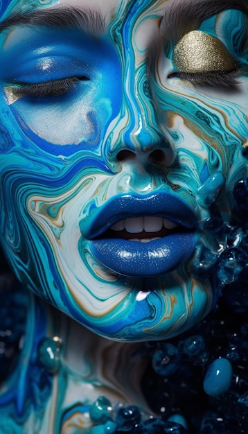 A woman with blue lips and blue lipstick