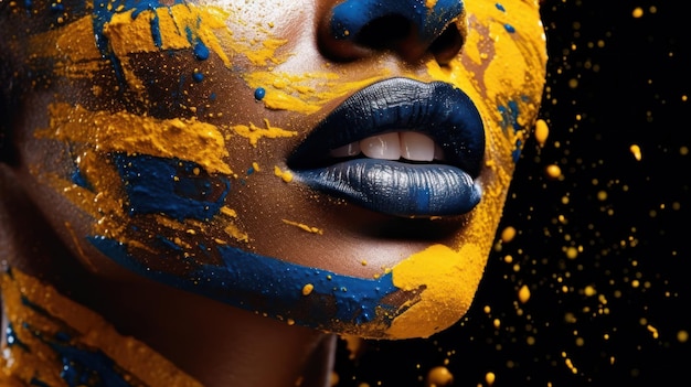 A woman with blue lipstick and yellow paint on her face