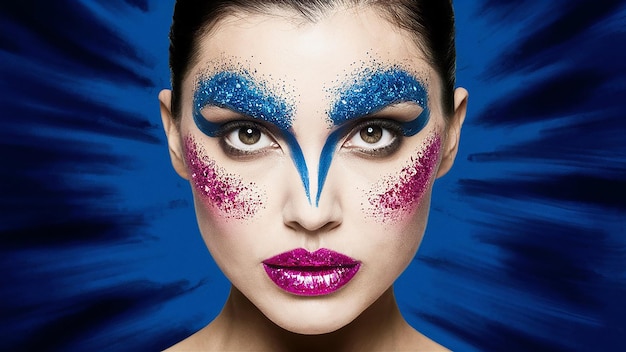 a woman with a blue makeup and a blue background