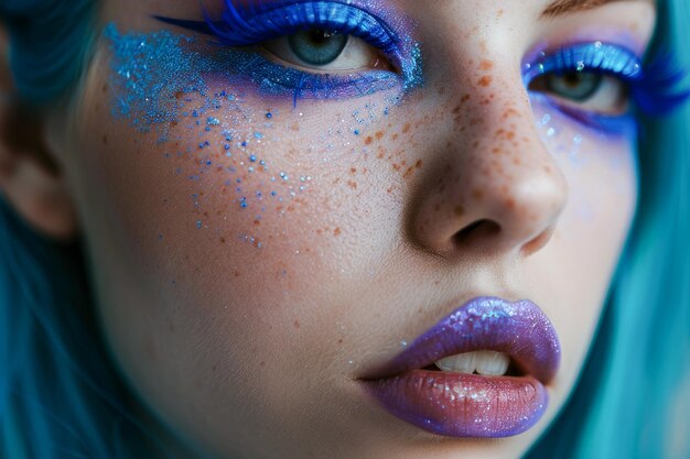 Photo woman with blue makeup and freckles