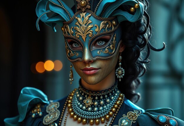 Photo a woman with a blue mask and a blue mask with gold accents