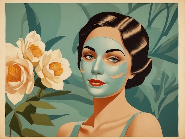 a woman with a blue mask on her face is surrounded by flowers