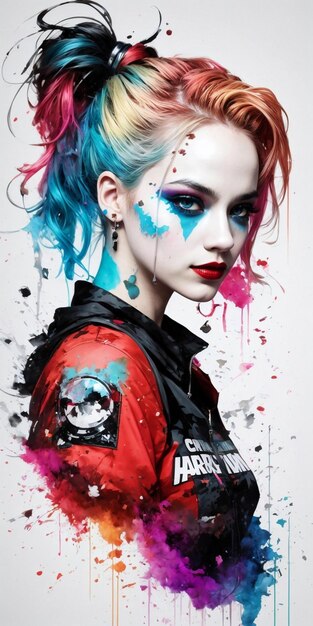 a woman with blue and pink hair and a skull on her shoulder