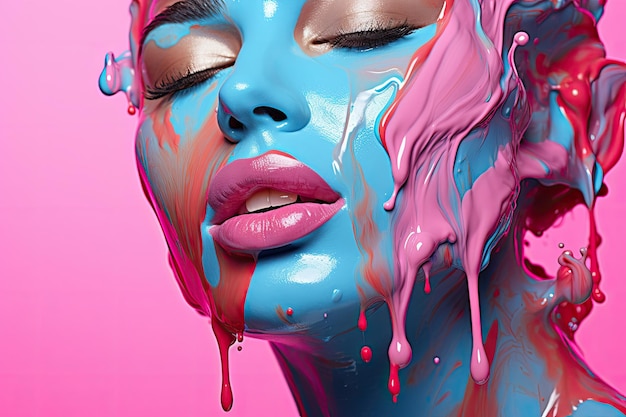 a woman with blue and pink paint on her face