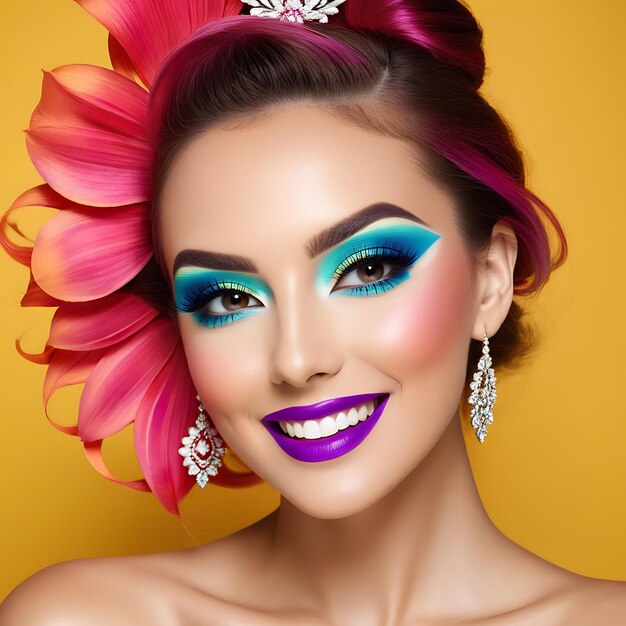 a woman with a blue and purple makeup on her face is posing for a photo