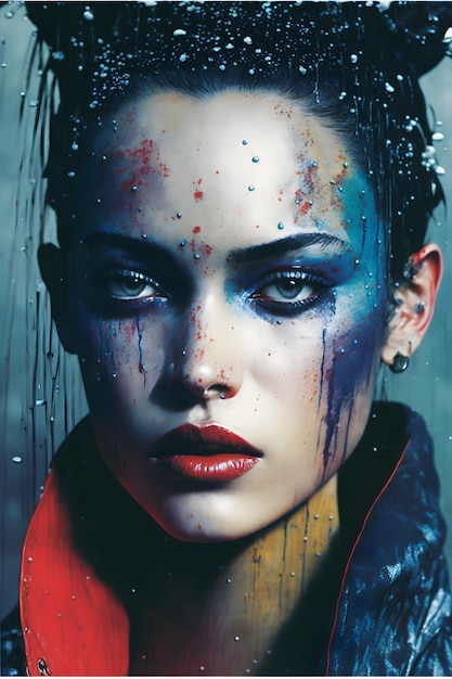 A woman with a blue and red face and a red jacket with the word love on it.