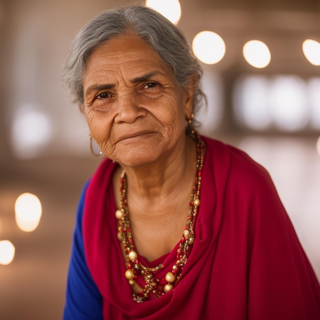 A woman with a blue and red shirt and a necklace