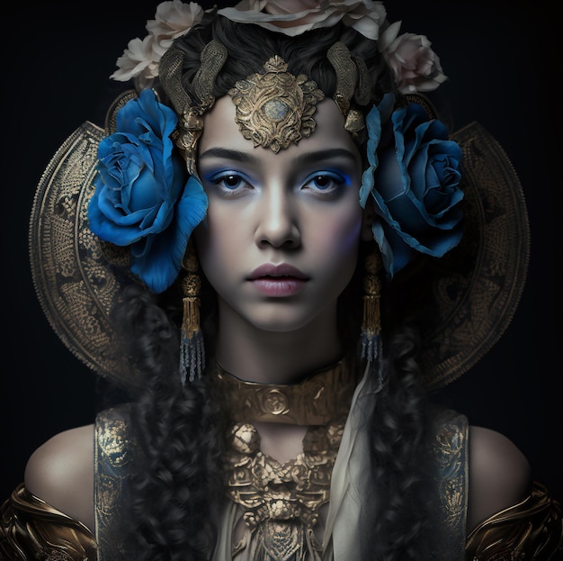 A woman with blue roses on her head is wearing a gold dress.