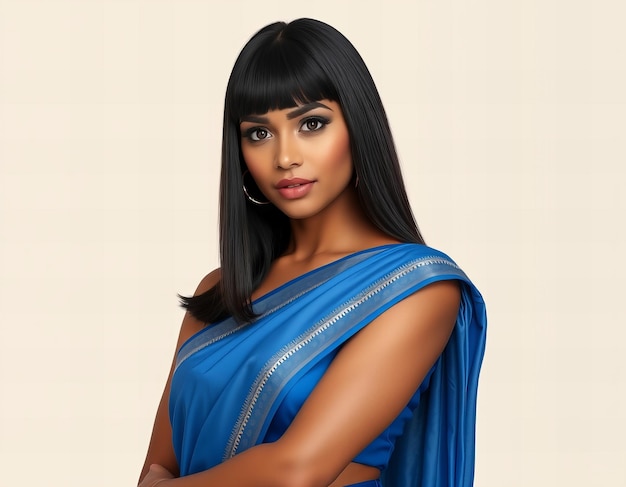 Photo a woman with a blue sari on her chest