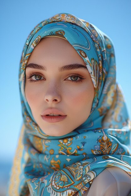 a woman with a blue scarf that says  she is wearing a blue scarf