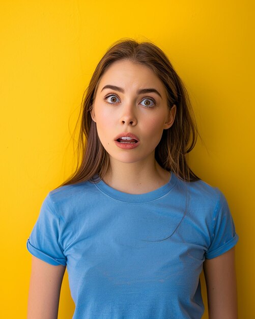 Photo a woman with a blue shirt that says quot she is about to be surprised quot