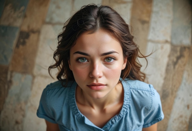 a woman with a blue shirt that says quot she is looking up quot