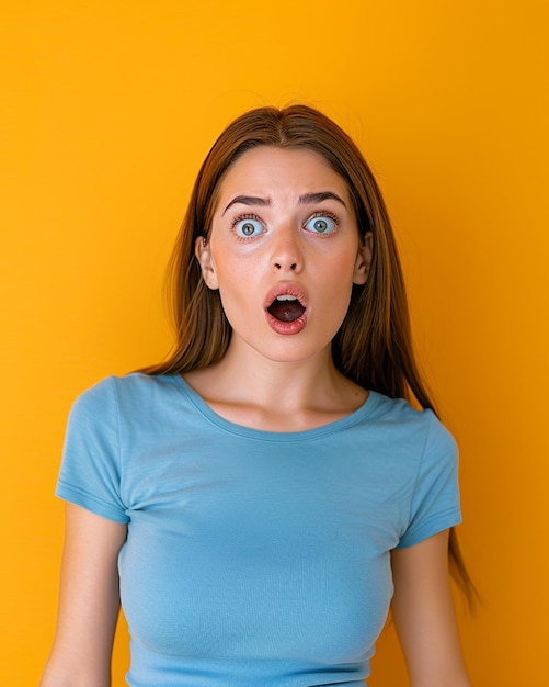 a woman with a blue shirt that says quot shes surprised quot