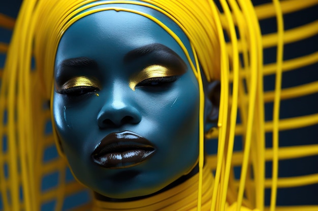 Woman with blue skin and yellow dress on black background