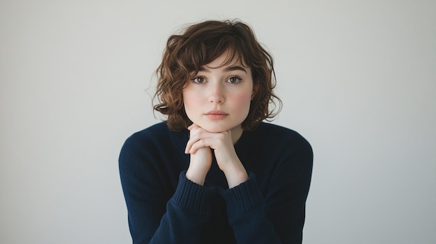 a woman with a blue sweater and a black sweater is sitting with her hand on her chin