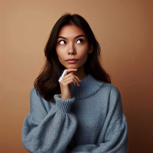 a woman with a blue sweater that says look on the face