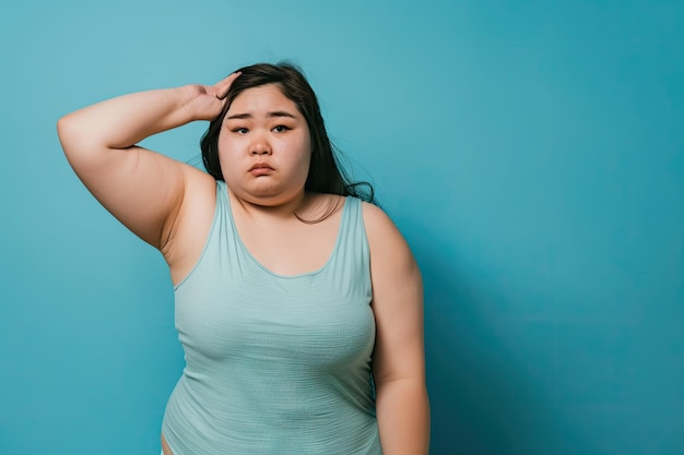 a woman with a blue tank top is posing for a photo