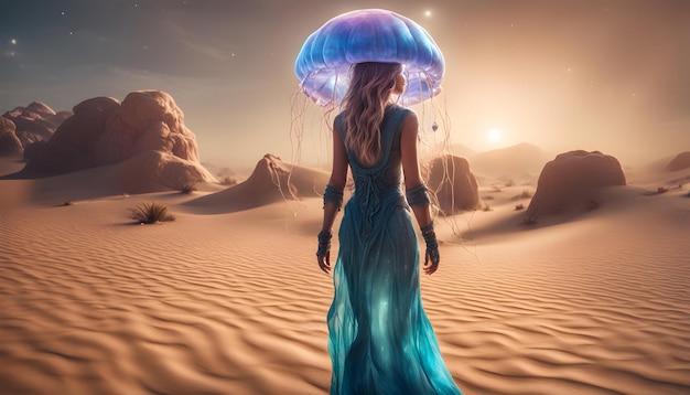 a woman with a blue umbrella in the desert