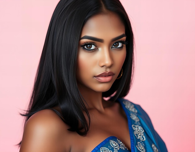 a woman with a blue and white dress on