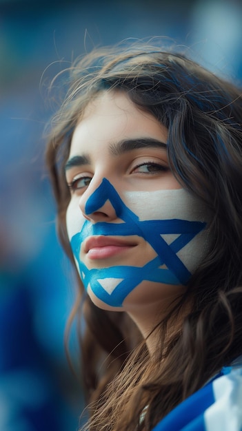 a woman with a blue and white face paint has the symbol on her face