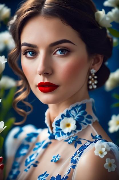 A woman with blue and white floral dress and red lipstick