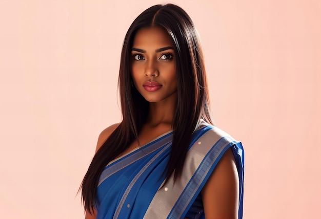 a woman with a blue and white sari