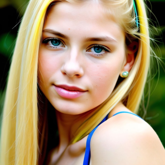 A woman with a blue and yellow headband on her head