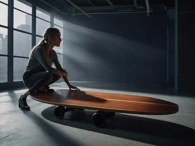 a woman with a board Leaning against a surface with on_0