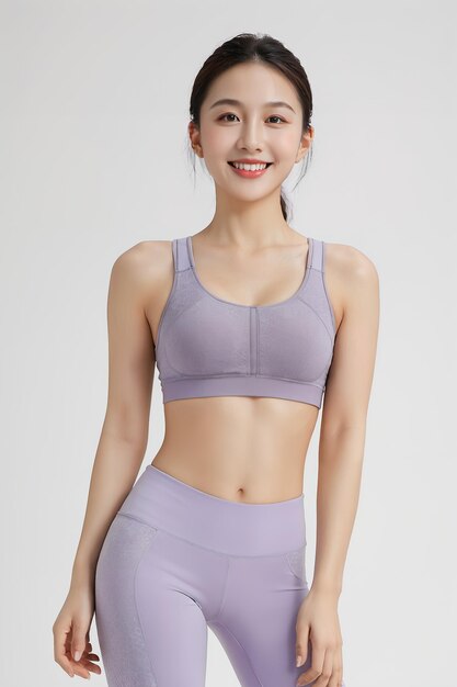 a woman with a body perfect in a sports bra top and grey leggings on a simple color background