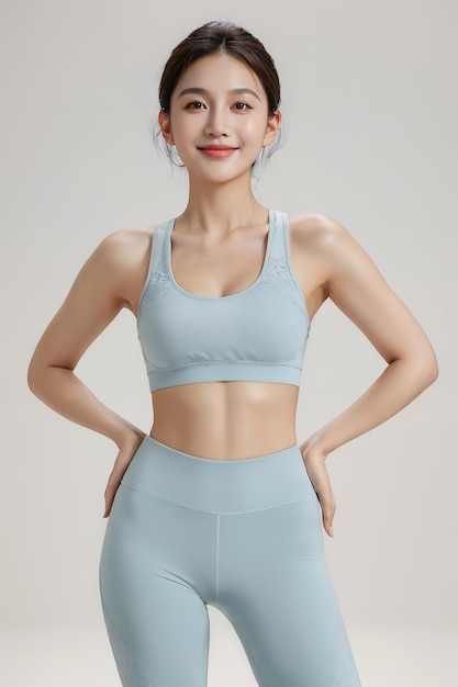 a woman with a body perfect in a sports bra top and grey leggings on a simple color background