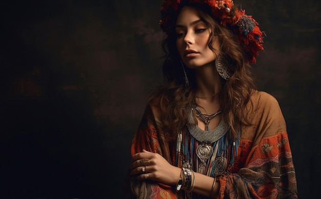 A woman with a boho style hat and a boho style hat stands in a dark room.