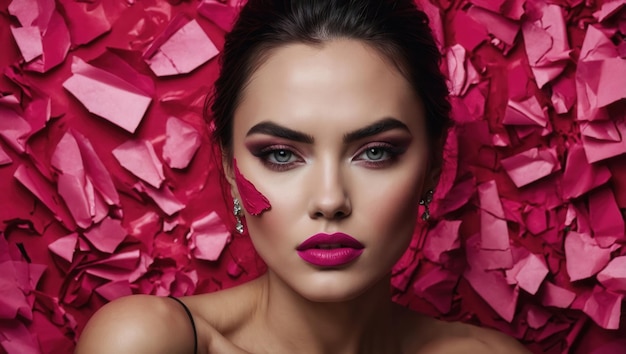 Woman with bold makeup against layered pink background