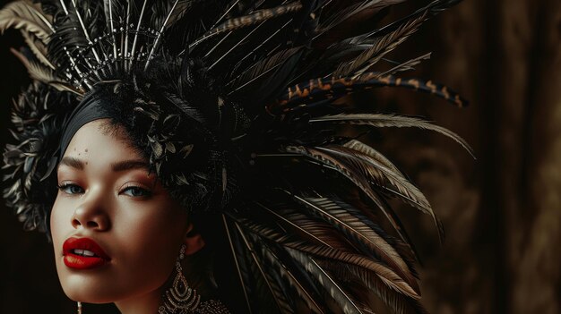 A woman with bold red lips and a dramatic feather crown gazes intensely