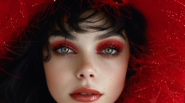 Woman with bold red makeup and feathers