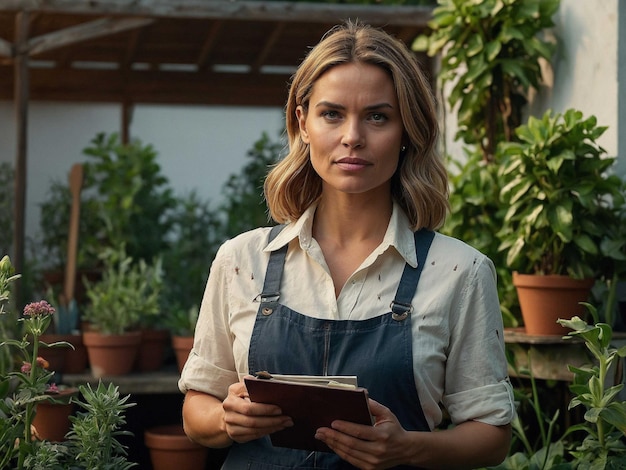 Photo a woman with a book in her hands is standing in front of a potted plant