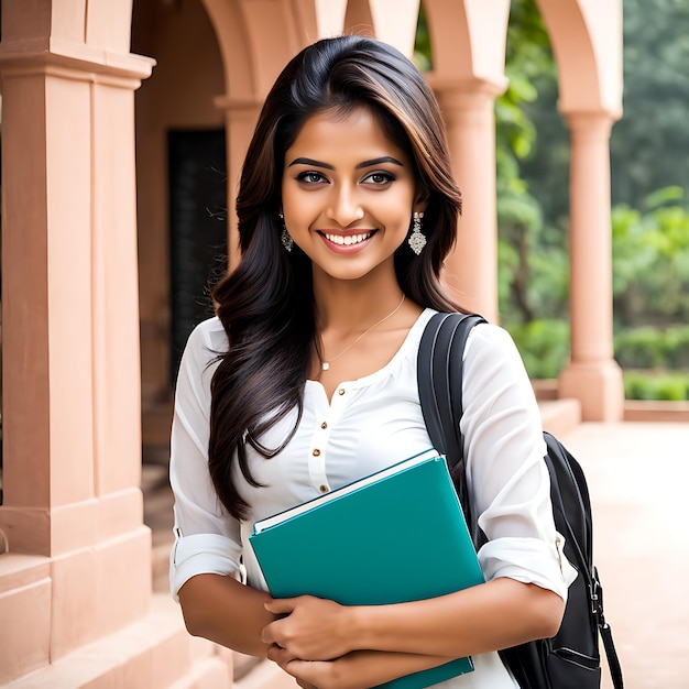 a woman with a book on her shoulder and a blue folder in her hand