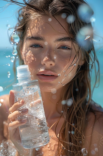 Photo a woman with a bottle of water in her hand and the word quot on the bottom quot