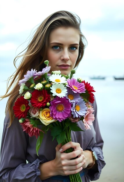 Photo a woman with a bouquet of flowers in her hands