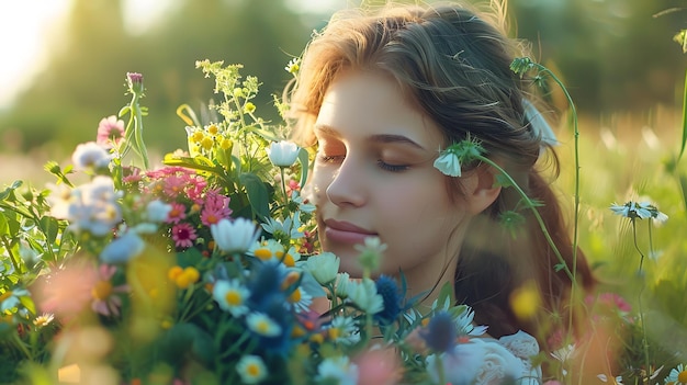 a woman with a bouquet of flowers in her hands