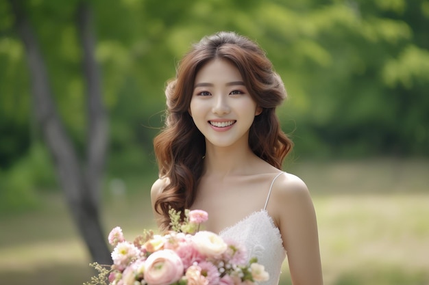 A woman with a bouquet of flowers is smiling.