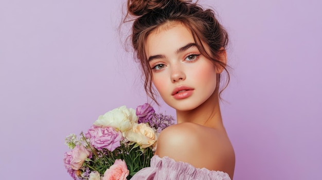 Photo a woman with a bouquet of flowers looking at the camera with a soft and dreamy expression