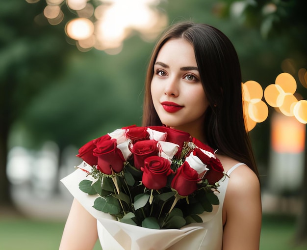 a woman with a bouquet of roses in her hands