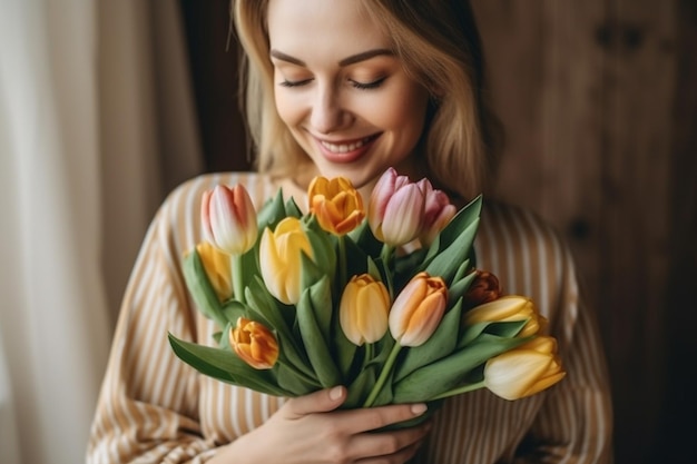 Woman with bouquet of tupils in spring outdoor portrait of young smiling girl with flowers in the street Generative AI