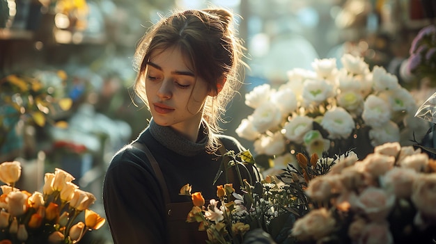 Photo a woman with a bouquet of white roses