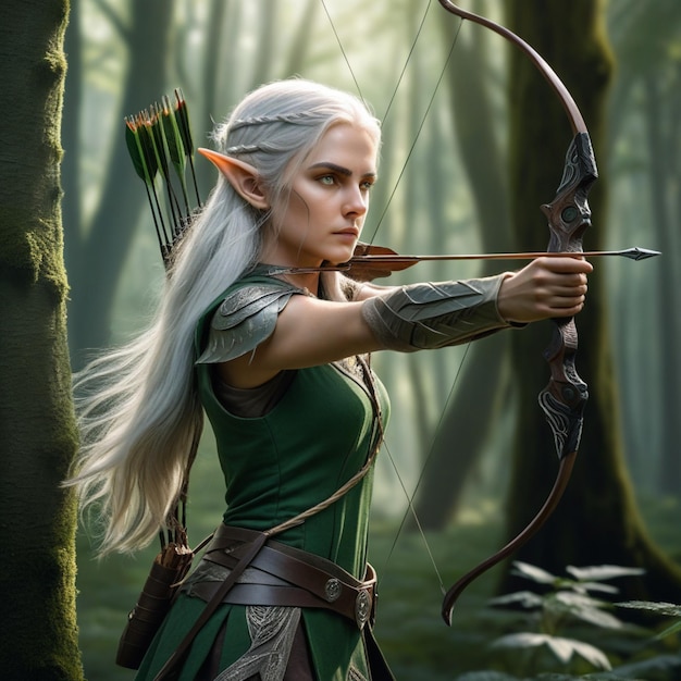 Photo a woman with a bow and arrow pointing to the right