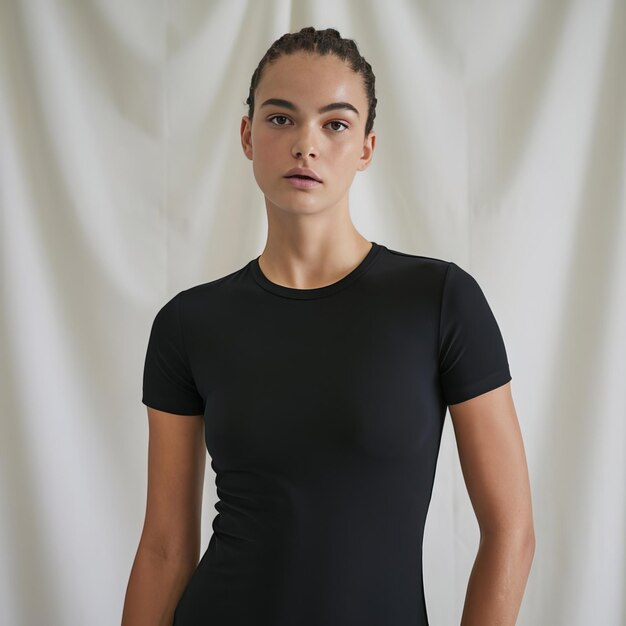 a woman with a braid in her hair stands in front of a white background