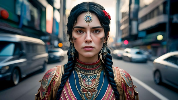 a woman with a braided hair and a colorful braid is standing in the street