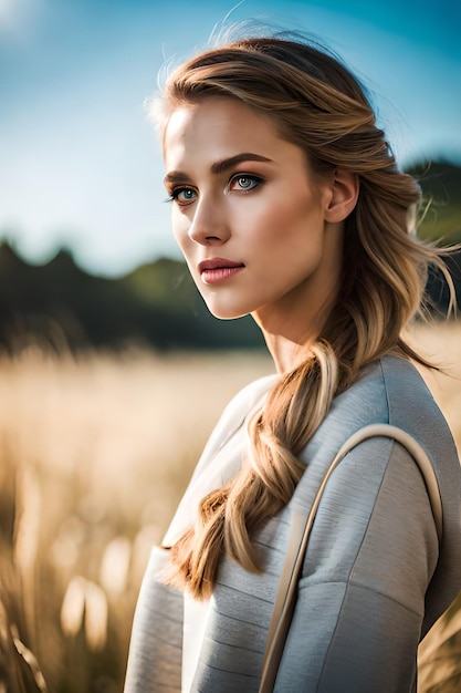 A woman with a braided hair stands in a field