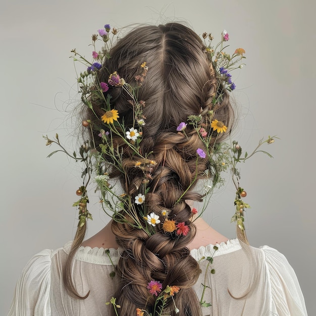 Photo a woman with braids intertwined with colorful flowers and foliage in her hair braids intertwined with flowers and foliage